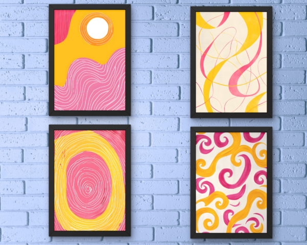 Pink & Yellow Modern Abstract Wall Art Frame Set (4-Piece Collection)