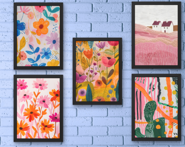 Vibrant Floral & Pastel Landscape Wall Art Frame Set (5-Piece Collection)