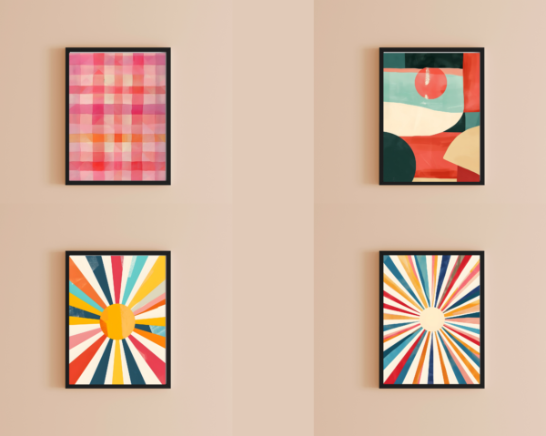 Modern Geometric & Retro Sunburst Wall Art Set – 4 Printable Posters | Instant Download