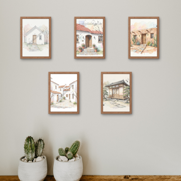 Watercolor Village & Zen Home Printable Wall Art Set of 5 – Minimal Pastel House Decor
