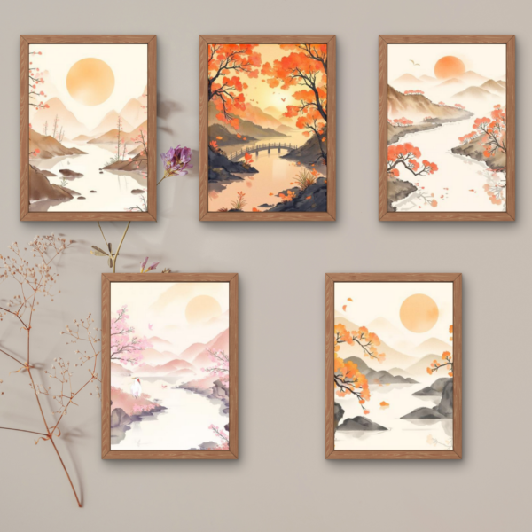Autumn River Landscape Printable Wall Art Set – Watercolor Nature Gallery (Set of 5)