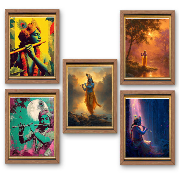 Krishna Flute Divine Wall Art Set – Spiritual Indian Digital Painting Collection (5 Piece)