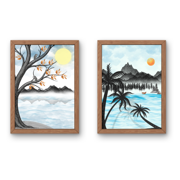 Serene Nature Landscape Printable Wall Art Set – Minimal Mountain Lake & Tropical Ocean Scene (Set of 2)