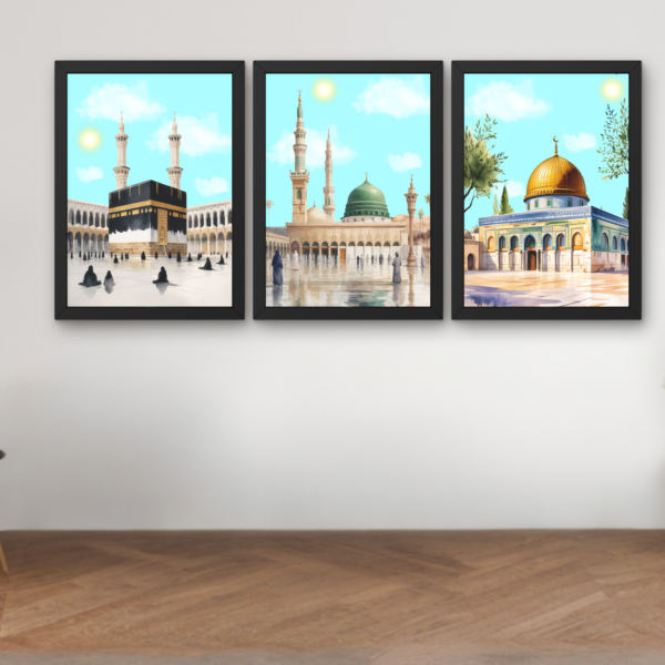 Islamic Holy Mosque Wall Art Set – Kaaba, Al-Masjid an-Nabawi & Dome of the Rock Printable Wall Decor (Set of 3)