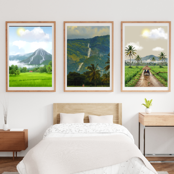 Serene Tropical Countryside Landscape Wall Art Set of 3 – Printable Nature Poster Collection