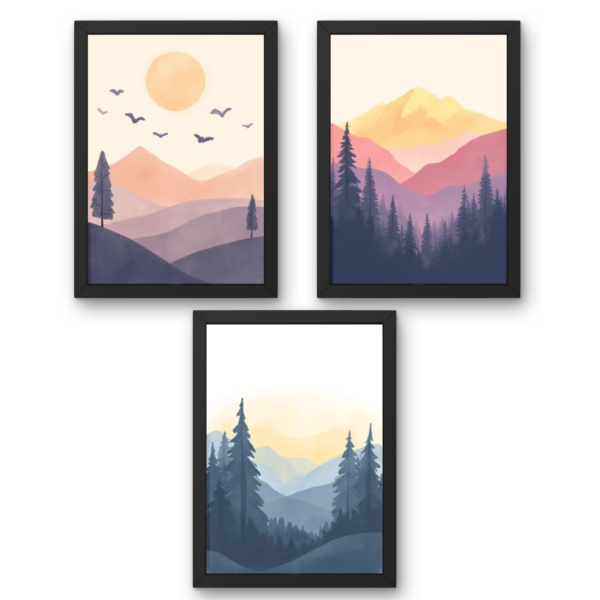 Minimalist Mountain Landscape Wall Art Set of 3 | Pastel Nature Printable Wall Decor | Modern Aesthetic Frame Art