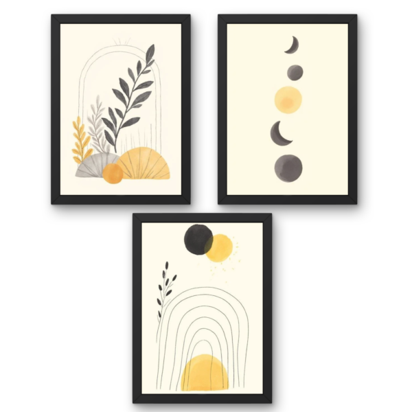 Minimalist Boho Abstract Wall Art Set of 3 Prints – Sun, Moon & Botanical Neutral Aesthetic Printable Decor