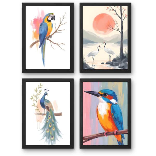 Exotic Birds Wall Art Set of 4 | Framed Printable Prints | Macaw, Peacock, Kingfisher & Crane | Digital Download Wall Decor