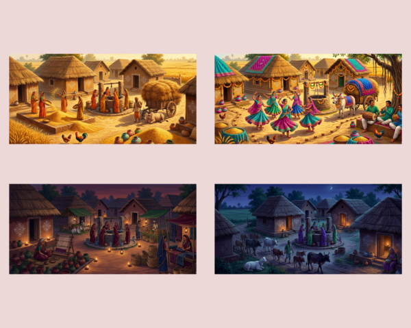 Indian Village Life Digital Wall Art Set (4 Premium Illustrations)