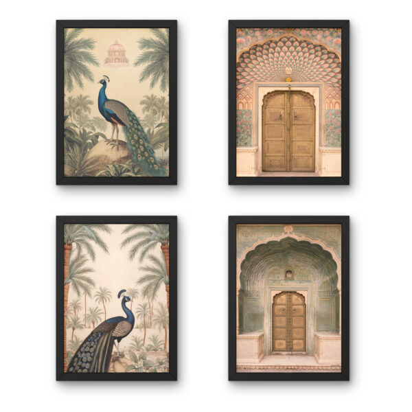 Vintage Peacock & Indian Palace Arch Wall Art Set – Printable Boho Royal Decor (Set of 4)