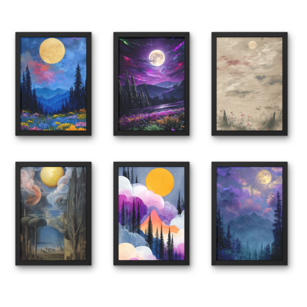 Moonlit Mountain Landscape Wall Art Set – Digital Download (6 Designs)