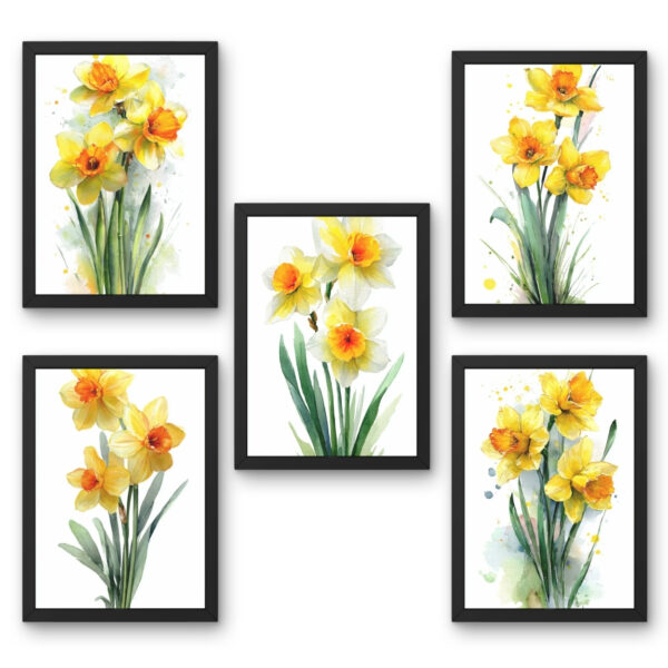 Yellow Daffodil Watercolor Wall Art Set – Printable Botanical Flower Art (Set of 5)