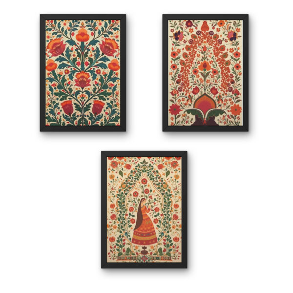 Vintage Indian Folk Floral Wall Art Set of 3 – Boho Botanical Printable Decor