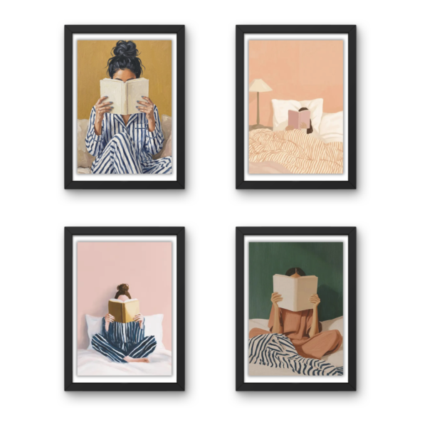 Minimalist Reading Woman Wall Art Set – Cozy Book Lover Printable Art (Set of 4)